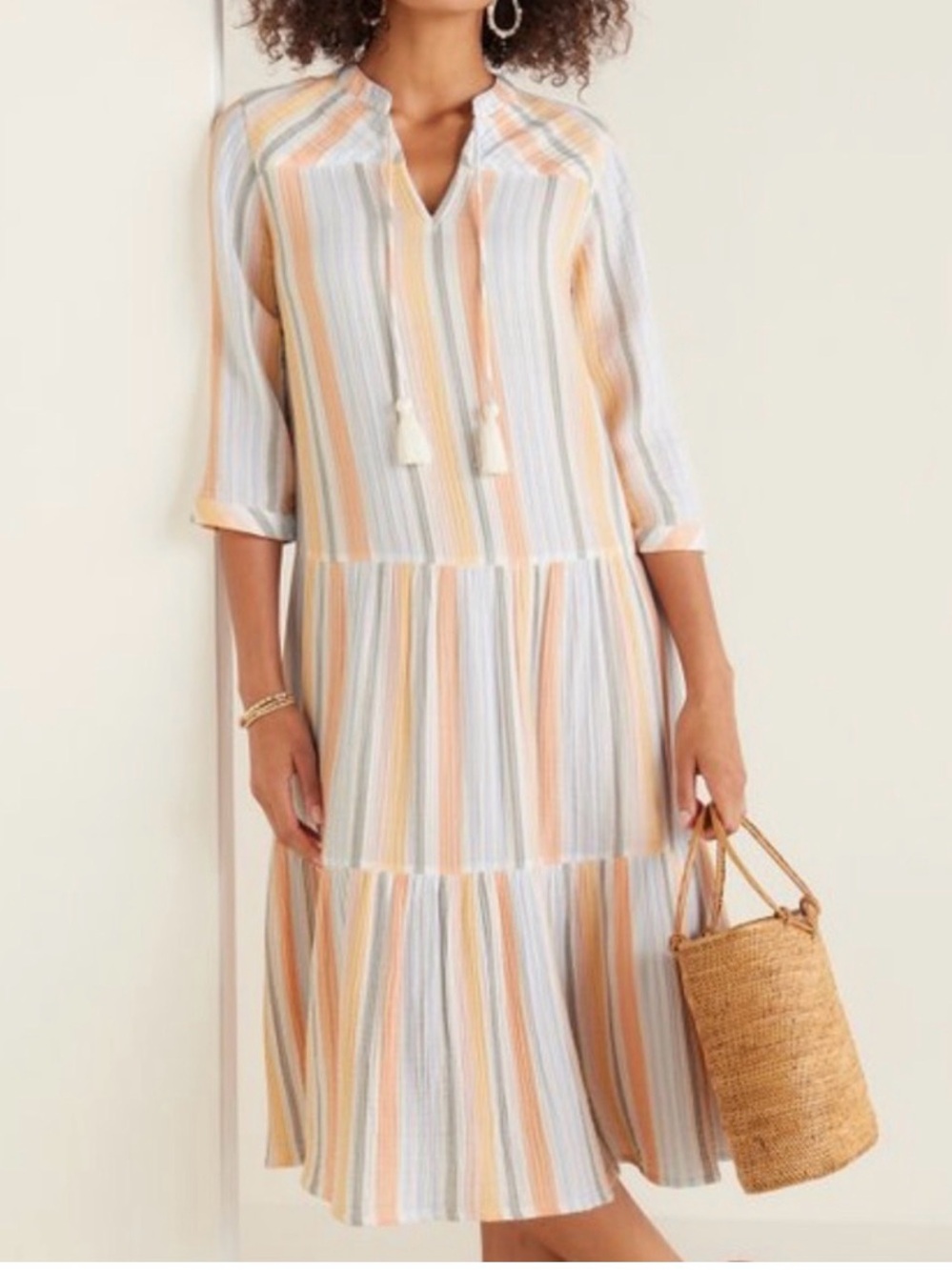 SOFT SURROUNDINGS Laguna Crinkle Gauze Striped Tiered Midi Dress Size Large